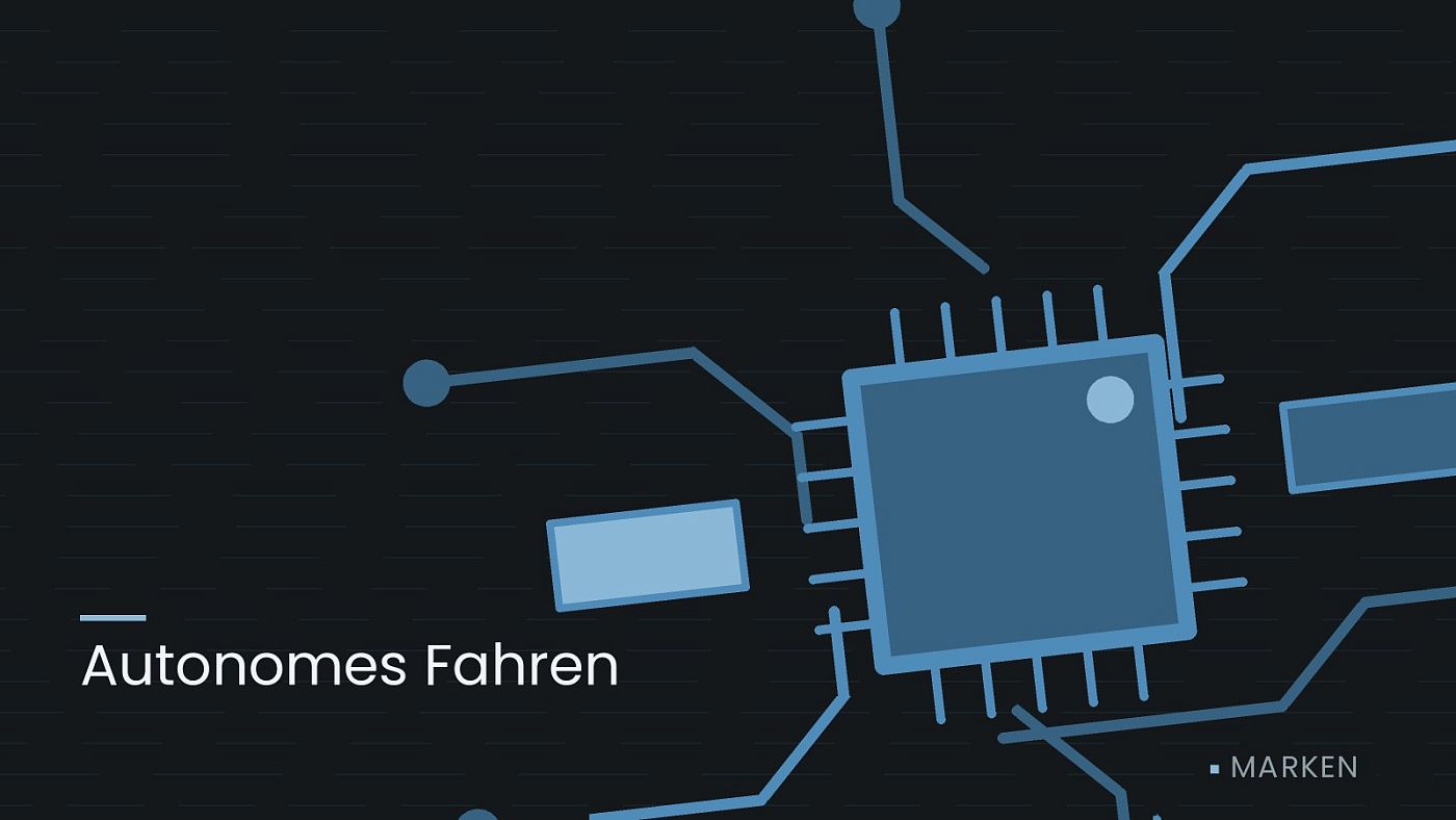 Symbolgrafik: gezeichnete Leiterbahnen mit einem Chip, beschriftet mit „Autonomes Fahren“.