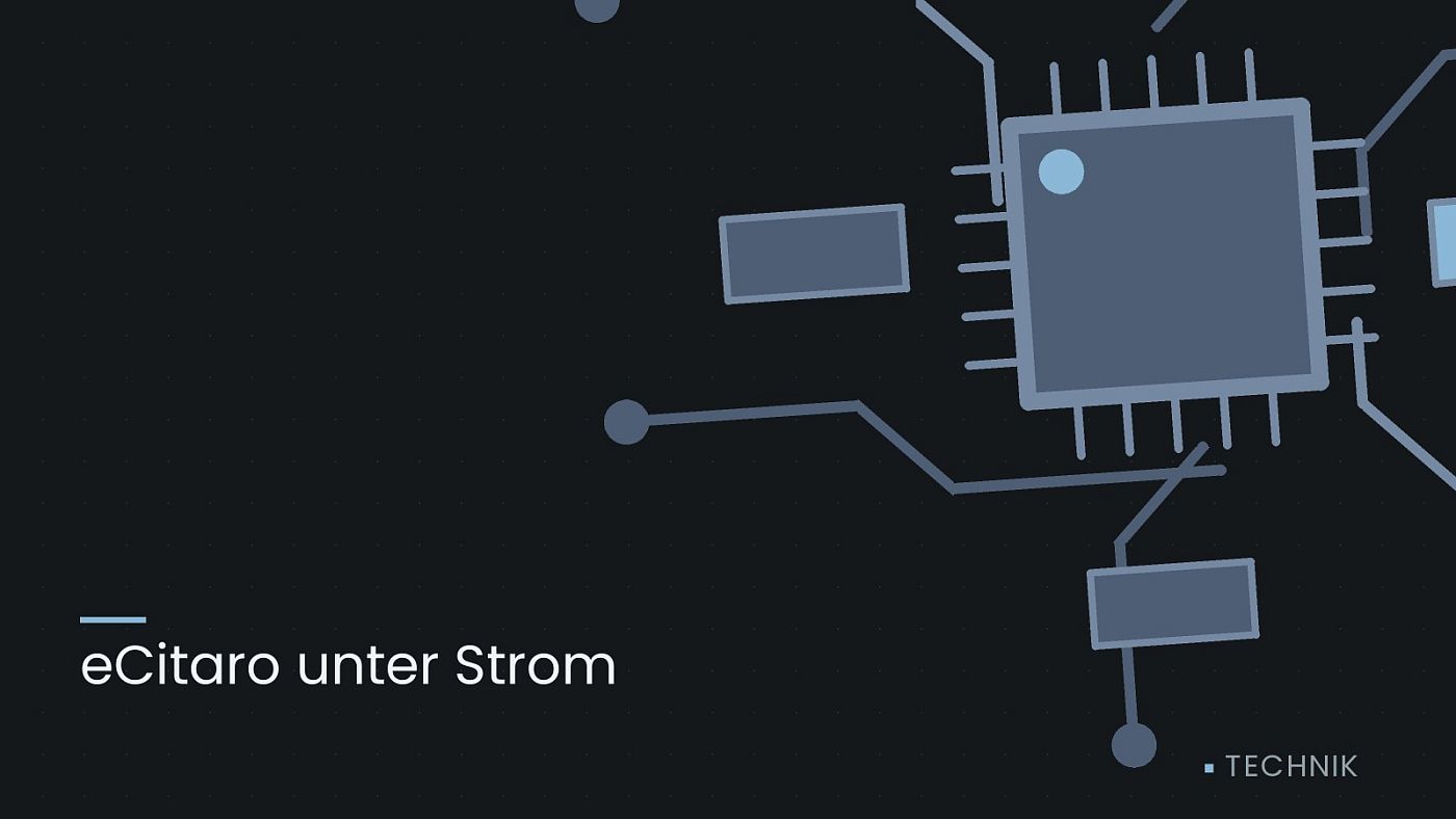 Symbolgrafik: gezeichnete Leiterbahnen mit einem Chip, beschriftet mit „eCitaro unter Strom“.