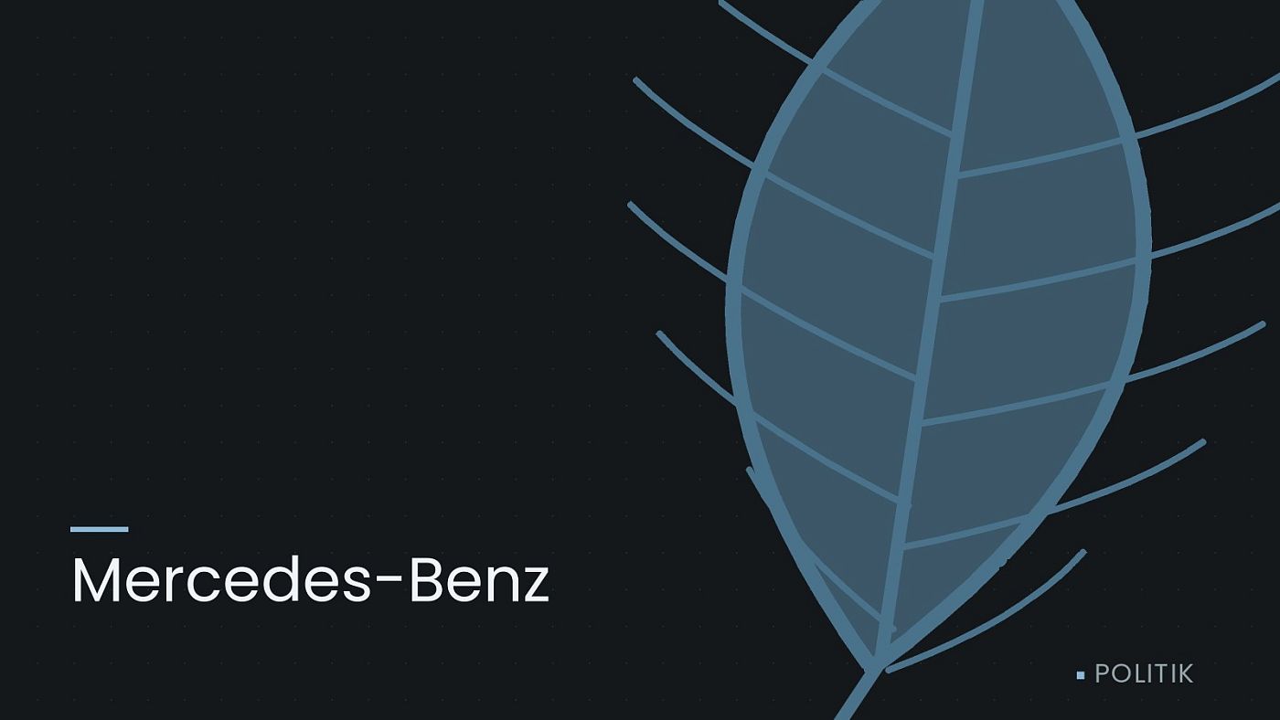 Symbolgrafik: ein gezeichnetes Blatt als Zeichen für Umwelt und Klima, beschriftet mit „Mercedes-Benz“.