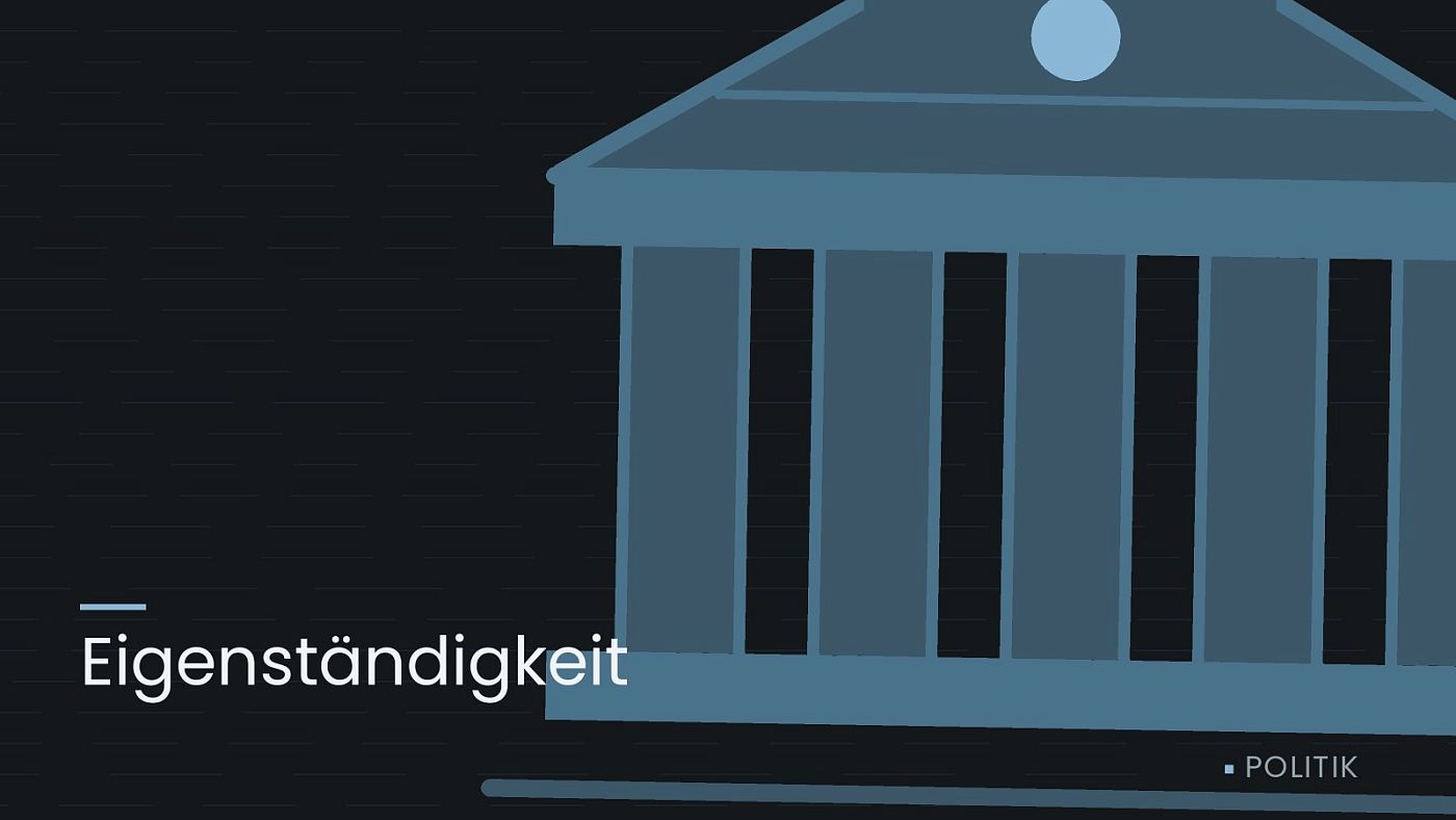 Symbolgrafik: ein stilisiertes Amtsgebäude mit Säulen, beschriftet mit „Eigenständigkeit“.