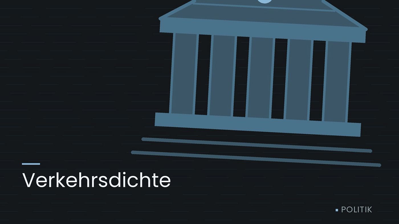 Symbolgrafik: ein stilisiertes Amtsgebäude mit Säulen, beschriftet mit „Verkehrsdichte“.