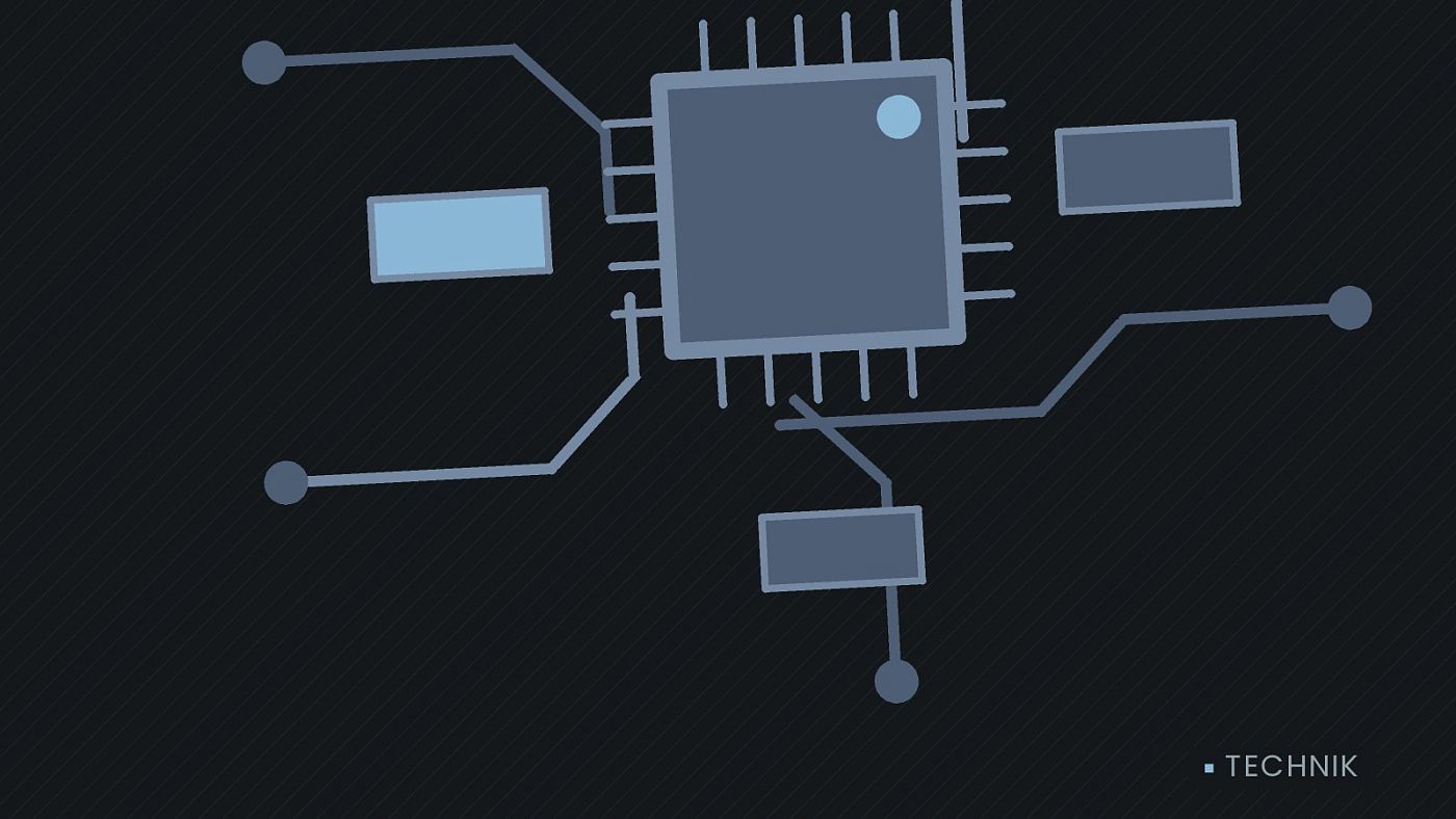 Symbolgrafik: gezeichnete Leiterbahnen mit einem Chip.