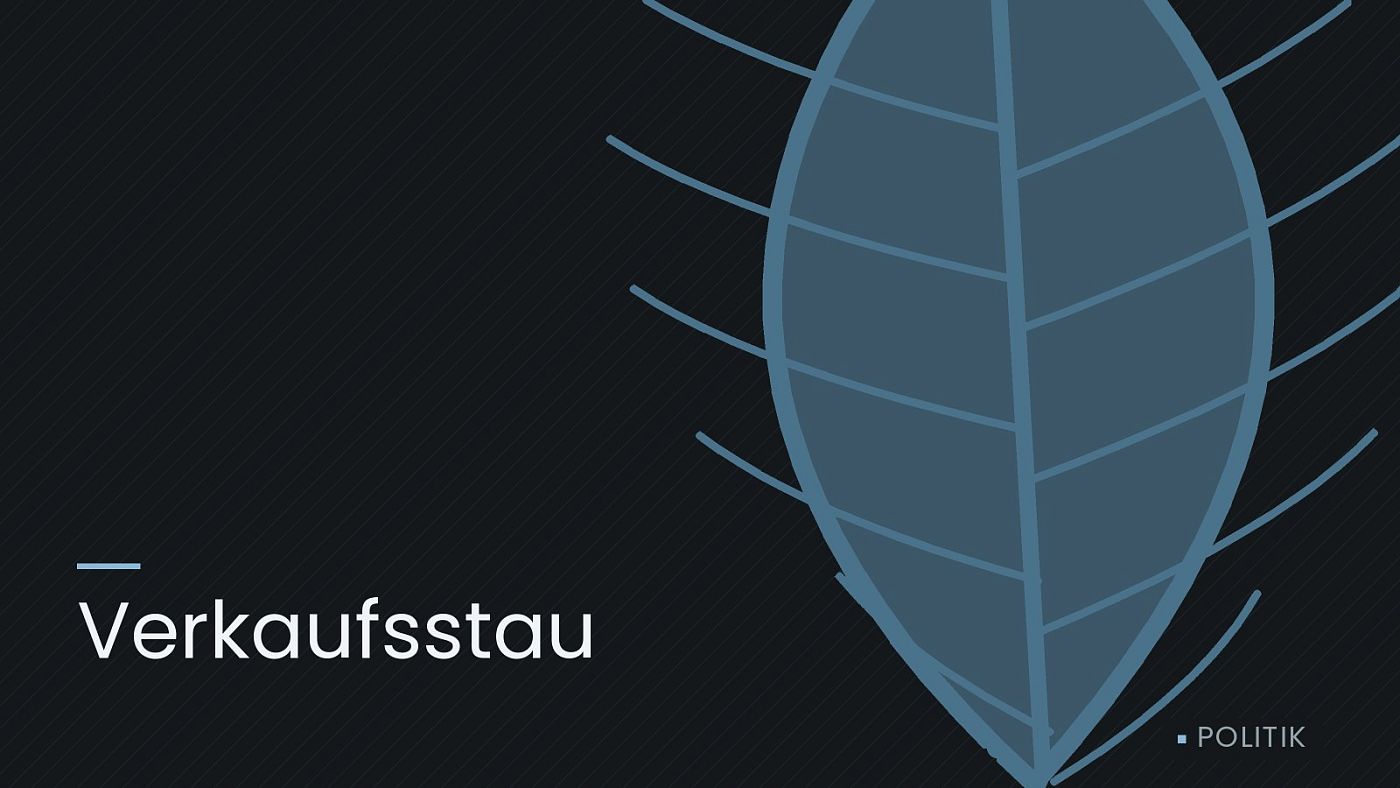 Symbolgrafik: ein gezeichnetes Blatt als Zeichen für Umwelt und Klima, beschriftet mit „Verkaufsstau“.