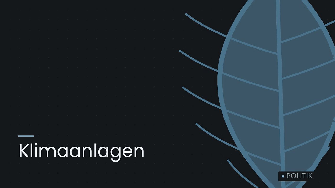 Symbolgrafik: ein gezeichnetes Blatt als Zeichen für Umwelt und Klima, beschriftet mit „Klimaanlagen“.