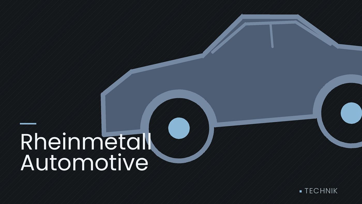 Symbolgrafik: die Umrisslinie eines Fahrzeugs von der Seite, beschriftet mit „Rheinmetall Automotive“.