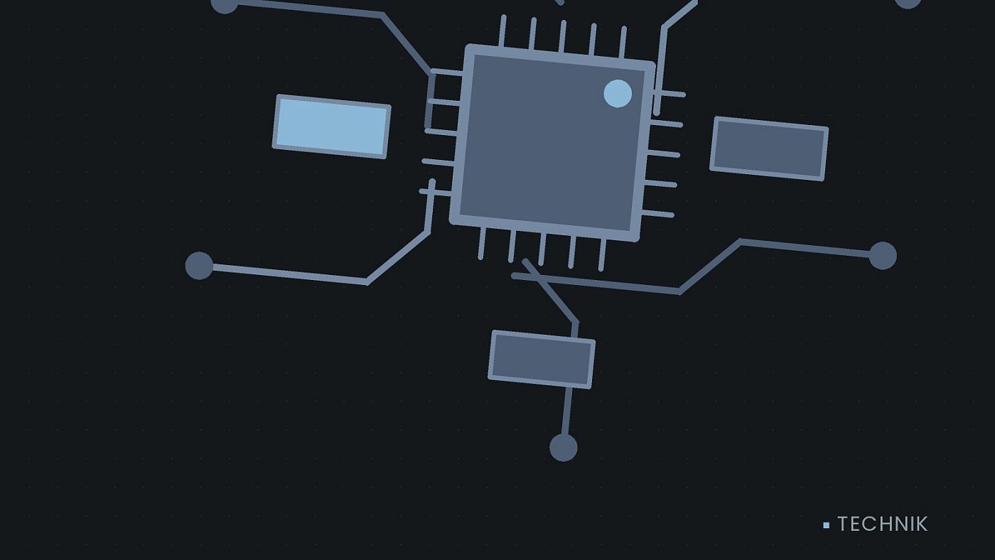 Symbolgrafik: gezeichnete Leiterbahnen mit einem Chip.