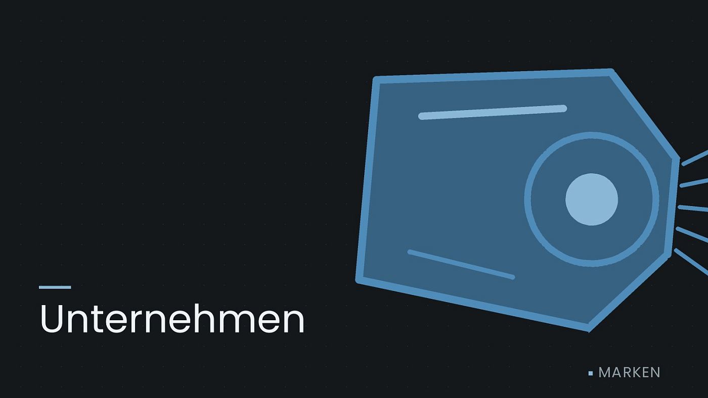 Symbolgrafik: ein gezeichneter Scheinwerfer mit Lichtkegel, beschriftet mit „Unternehmen“.