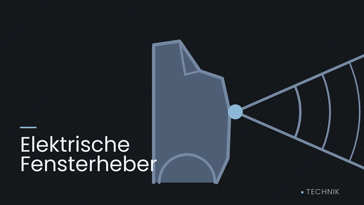 Symbolgrafik: ein gezeichneter Sensorkegel vor einer Fahrzeugfront, beschriftet mit „Elektrische Fensterheber“.