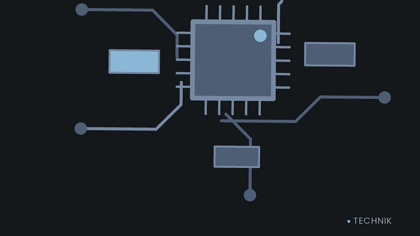 Symbolgrafik: gezeichnete Leiterbahnen mit einem Chip.