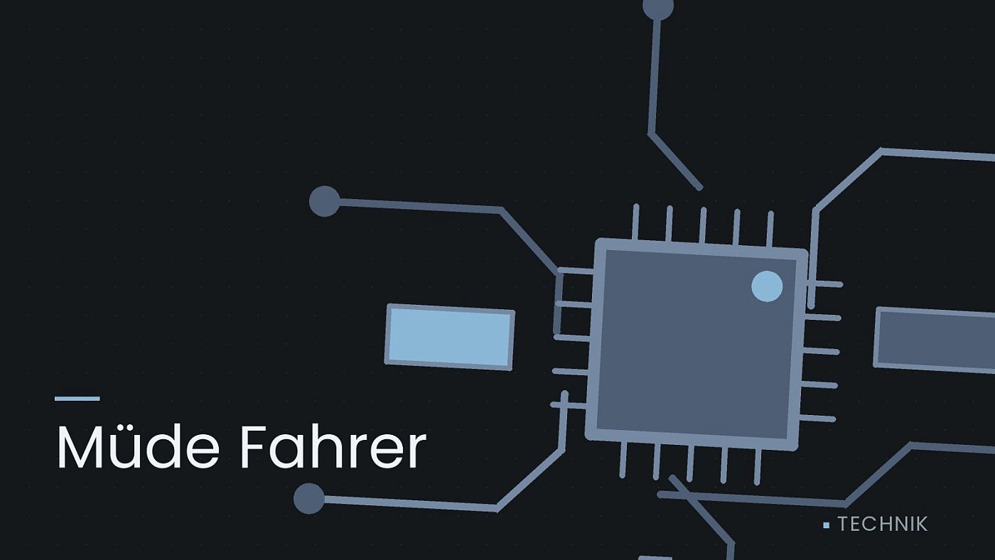 Symbolgrafik: gezeichnete Leiterbahnen mit einem Chip, beschriftet mit „Müde Fahrer“.