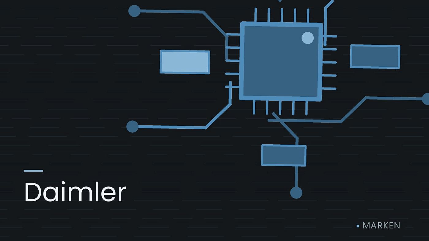Symbolgrafik: gezeichnete Leiterbahnen mit einem Chip, beschriftet mit „Daimler“.