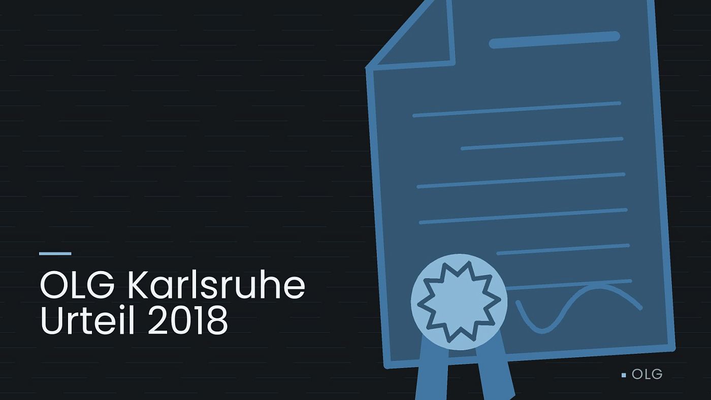 Symbolgrafik: eine gezeichnete Urkunde mit Siegel als Zeichen für eine Entscheidung, beschriftet mit „OLG Karlsruhe Urteil 2018“.