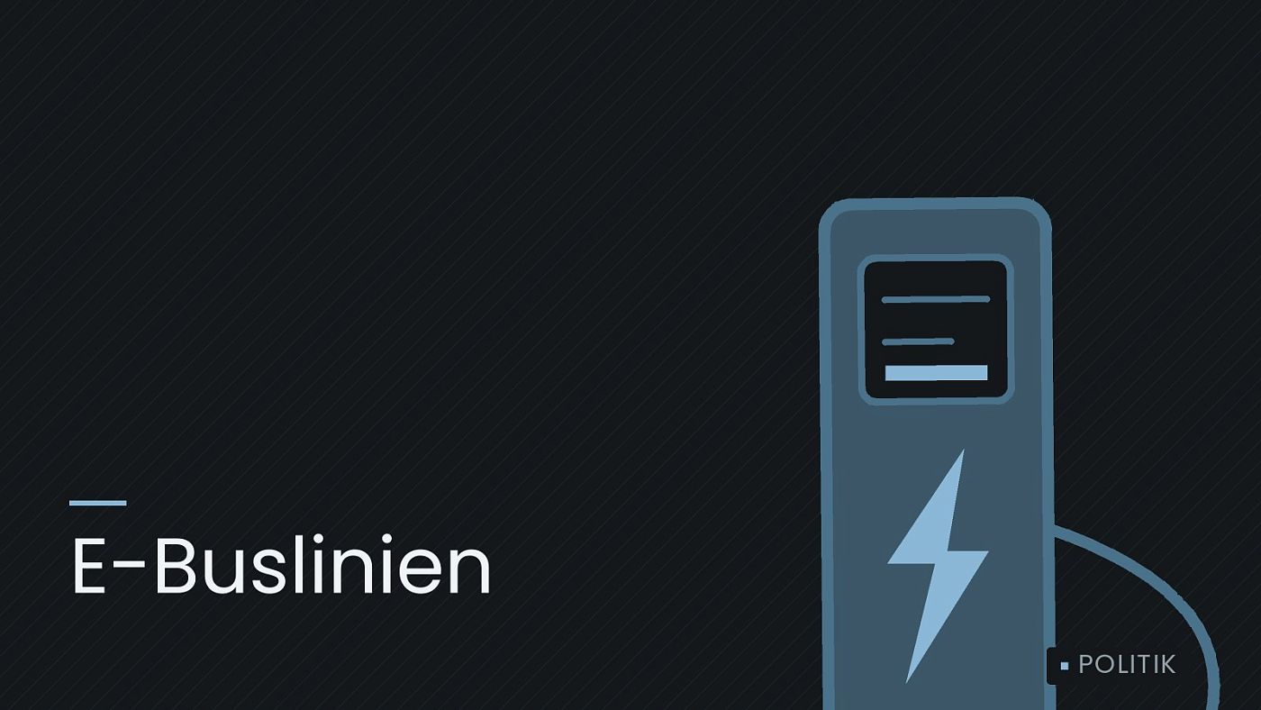 Symbolgrafik: eine gezeichnete Ladesäule mit Kabel und Stecker, beschriftet mit „E-Buslinien“.
