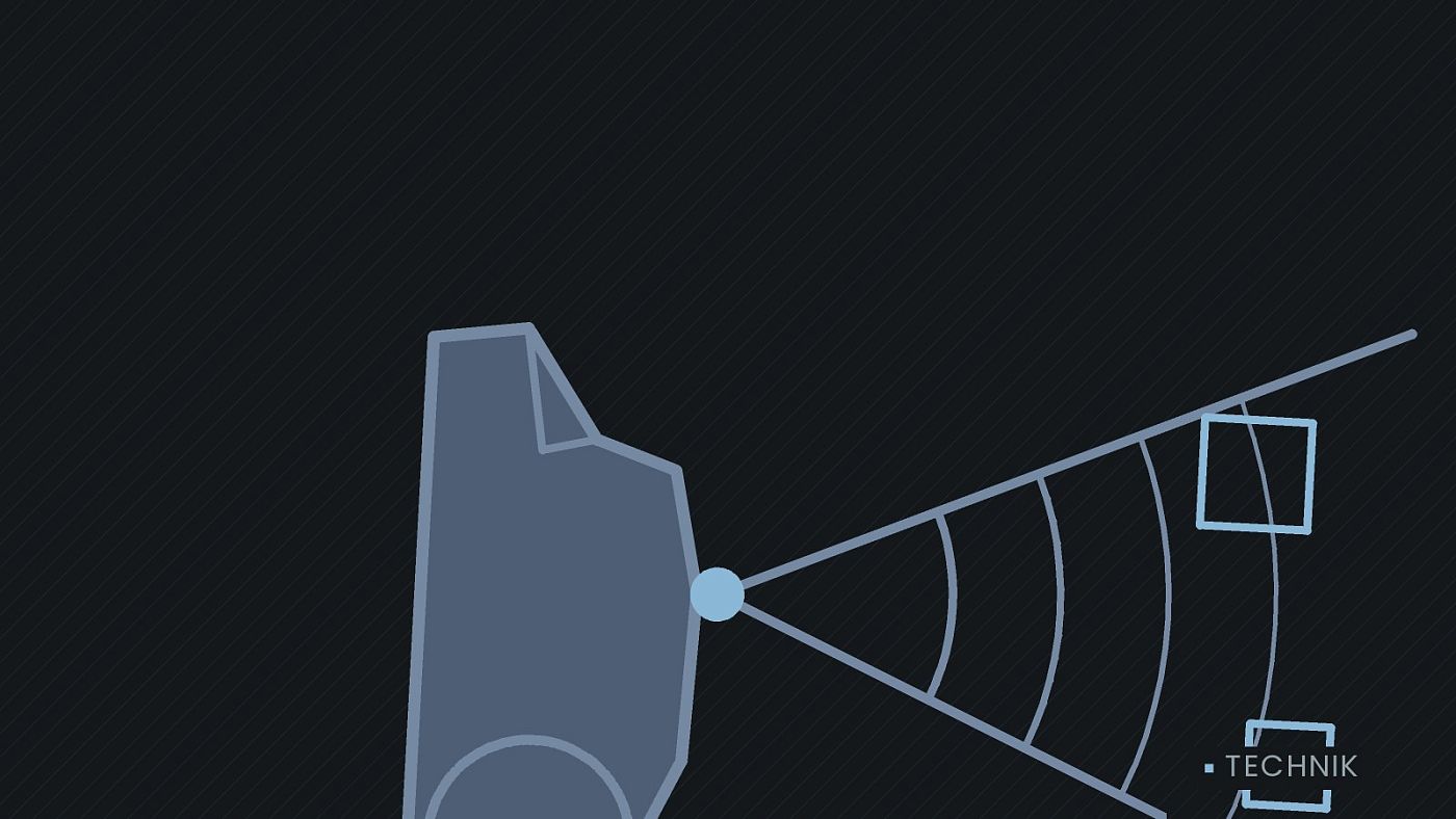 Symbolgrafik: ein gezeichneter Sensorkegel vor einer Fahrzeugfront.