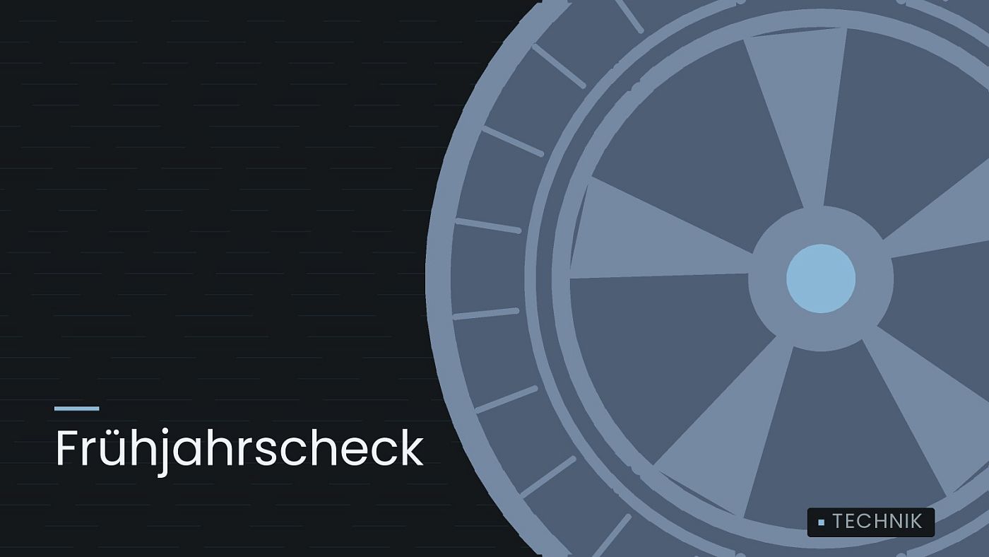 Symbolgrafik: ein gezeichnetes Rad mit Speichen, beschriftet mit „Frühjahrscheck“.