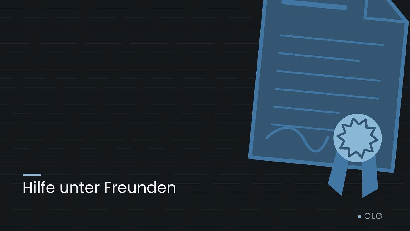 Symbolgrafik: eine gezeichnete Urkunde mit Siegel als Zeichen für eine Entscheidung, beschriftet mit „Hilfe unter Freunden“.