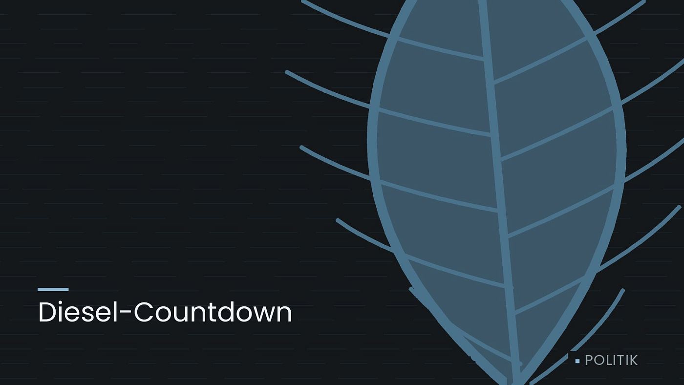 Symbolgrafik: ein gezeichnetes Blatt als Zeichen für Umwelt und Klima, beschriftet mit „Diesel-Countdown“.