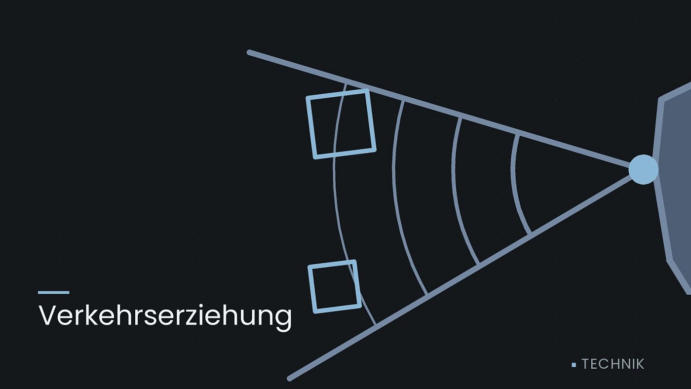 Symbolgrafik: ein gezeichneter Sensorkegel vor einer Fahrzeugfront, beschriftet mit „Verkehrserziehung“.