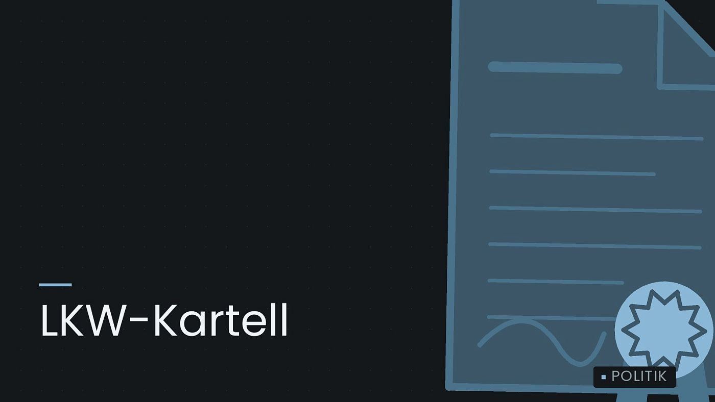 Symbolgrafik: eine gezeichnete Urkunde mit Siegel als Zeichen für eine Entscheidung, beschriftet mit „LKW-Kartell“.
