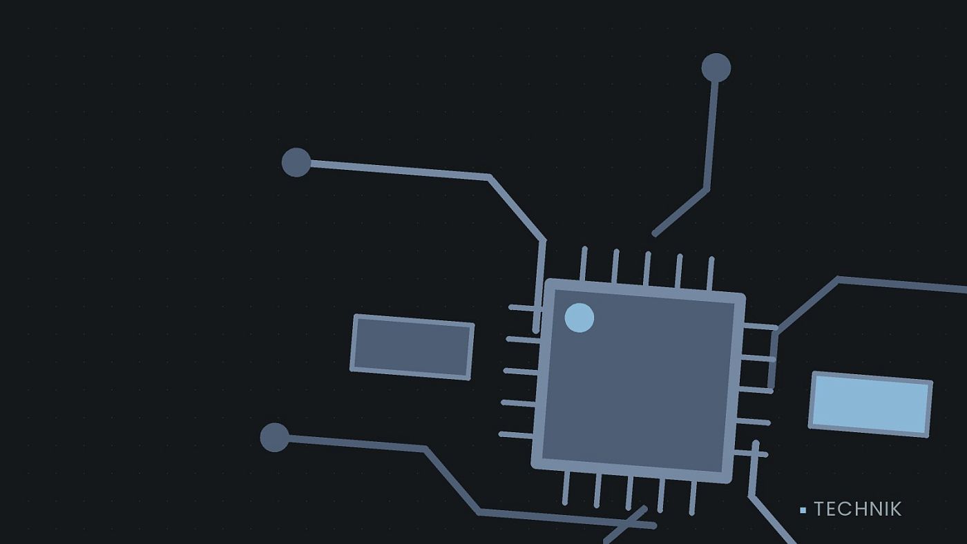 Symbolgrafik: gezeichnete Leiterbahnen mit einem Chip.