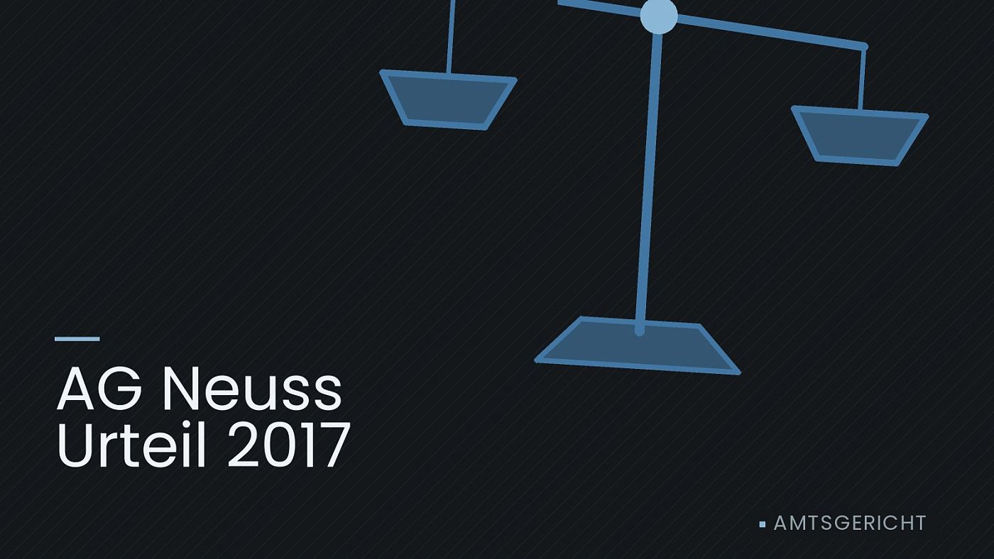 Symbolgrafik: eine stilisierte Waage als Zeichen für eine Gerichtsentscheidung, beschriftet mit „AG Neuss Urteil 2017“.