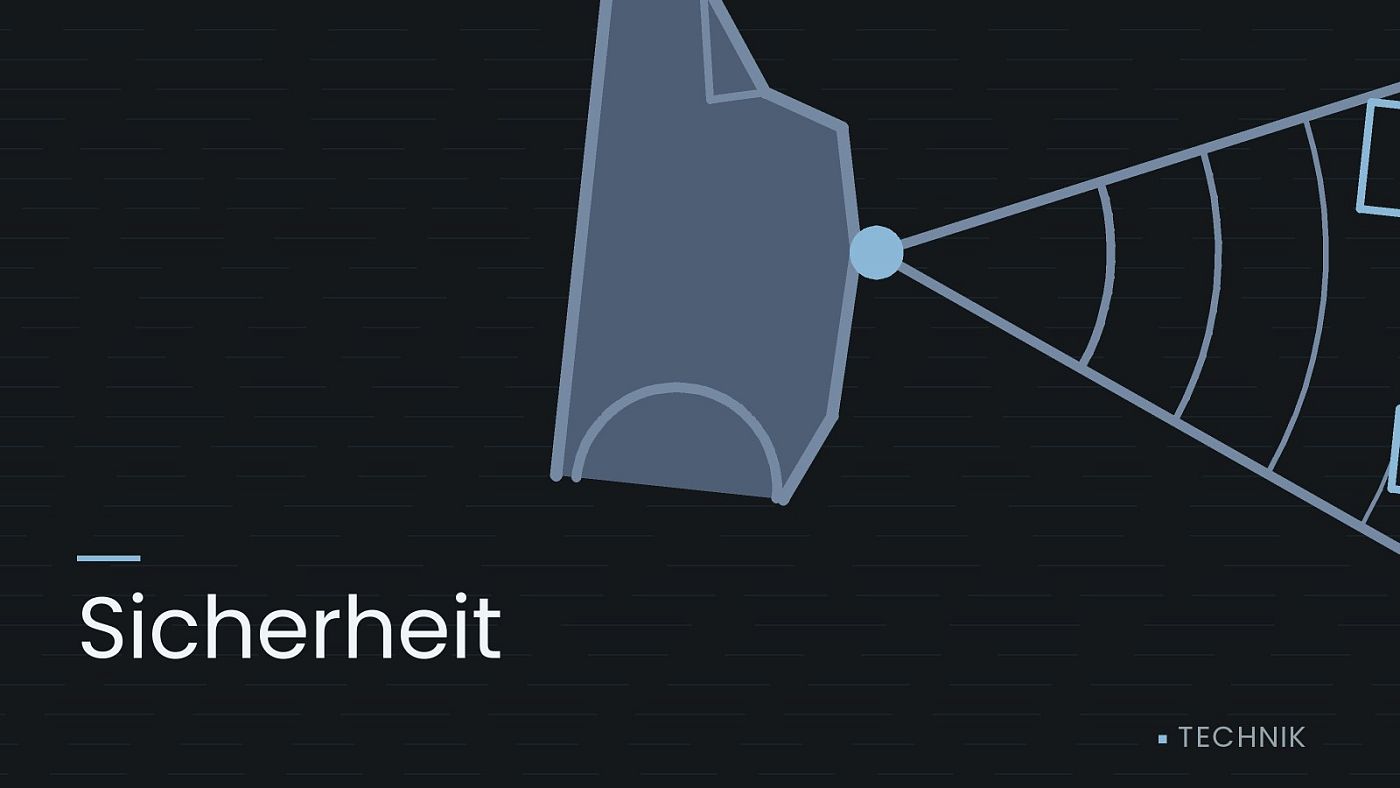 Symbolgrafik: ein gezeichneter Sensorkegel vor einer Fahrzeugfront, beschriftet mit „Sicherheit“.
